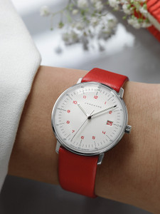 Junghans Watch Ladies Quartz White Dial Date Red Numerals 047/4541.02 Junghans Watch Ladies Quartz White Dial Date Red Numerals 047/4541.02