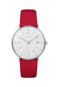 Junghans Max Bill Ladies Quartz 047/4541.02 white dial with red numerals and red leather strap 32.7 mm