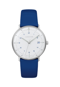 Junghans Max Bill Damen 47/4540.02 white dial watch with blue numerals and blue leather strap front view