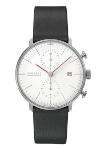 Junghans Max Bill Chronoscope Bauhaus 27/4303.02 white dial red chronograph hand front view