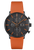 The Junghans FORM A Chronoscope Watch is a watch that features a chronograph, a day date function, and a luminescent coating on the hands and indexes. It has a 43mm black and orange dial and an ergonomic, smooth, curving shape. The watch also has a date aperture at the 3 o'clock position.