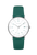 Junghans Max Bill Damen quartz watch with matte white dial green numerals and green leather strap