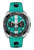 Junghans 1972 Chronoscope Sports Edition 2026 with matt turquoise dial and black double stripe, stainless steel case, and turquoise leather strap with cut-outs.
