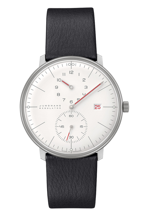 Junghans Max Bill Regulator Bauhaus 27/4493.02 automatic watch with white dial and black leather strap