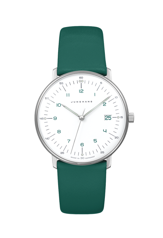 Junghans Max Bill Damen Quartz Ref. 47/4557.02 | 32.7 mm | Matte White Dial with Green Numerals & Green Leather Strap