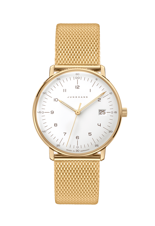 Junghans Max Bill Damen Quartz Ref. 47/7452.46 | 32.7 mm | Matte White Dial with Gold-Tone Hands & Mesh Bracelet