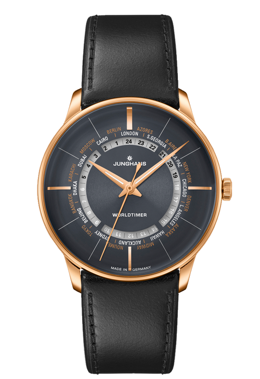 Junghans Meister Worldtimer 27/5013.01 black dial automatic watch with rose gold PVD case and black leather strap