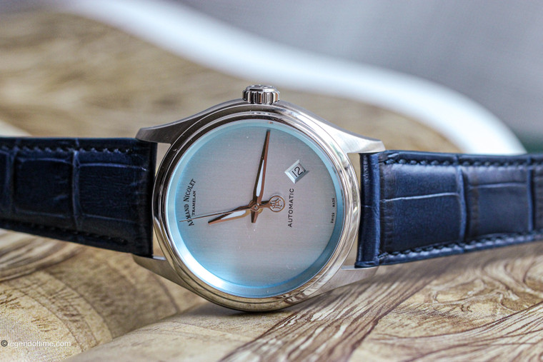 Armand Nicolet A740C light blue dial wristwatch with vertically brushed finish and blue leather strap