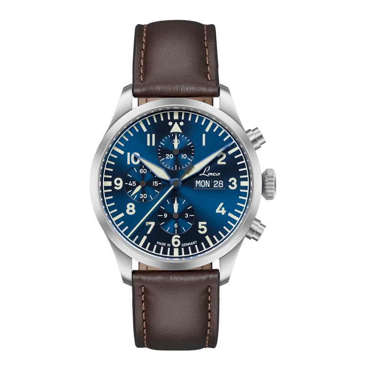 Laco Kiel.2 Blau 861996 blue sunburst dial pilot chronograph 43 mm