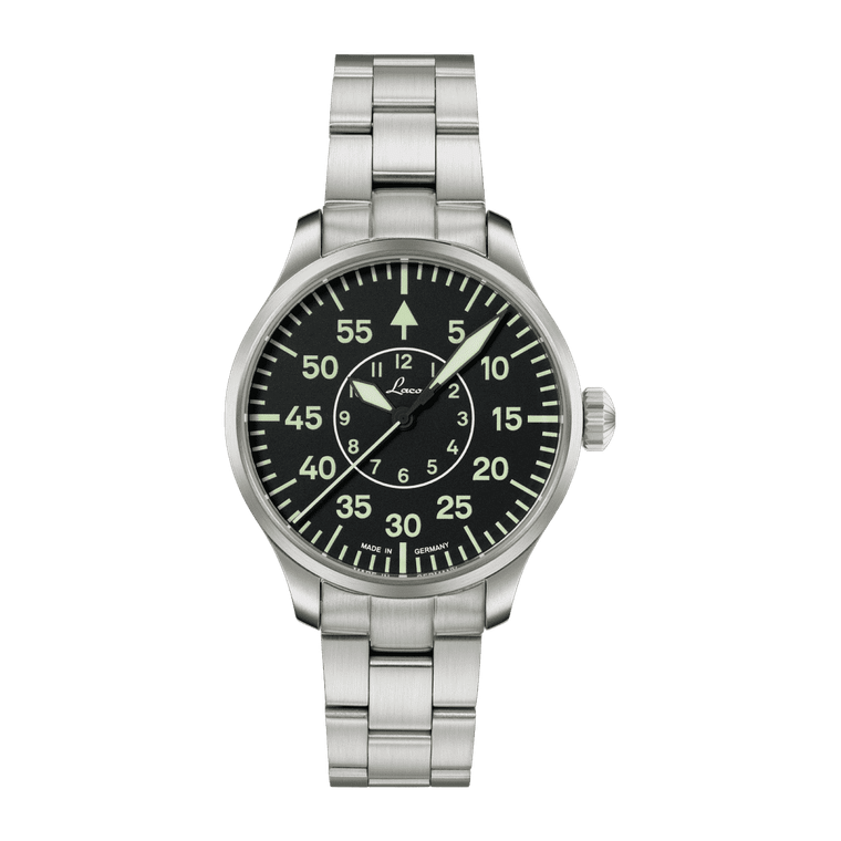 Laco Aachen 39 mm automatic pilot watch black flieger dial front view