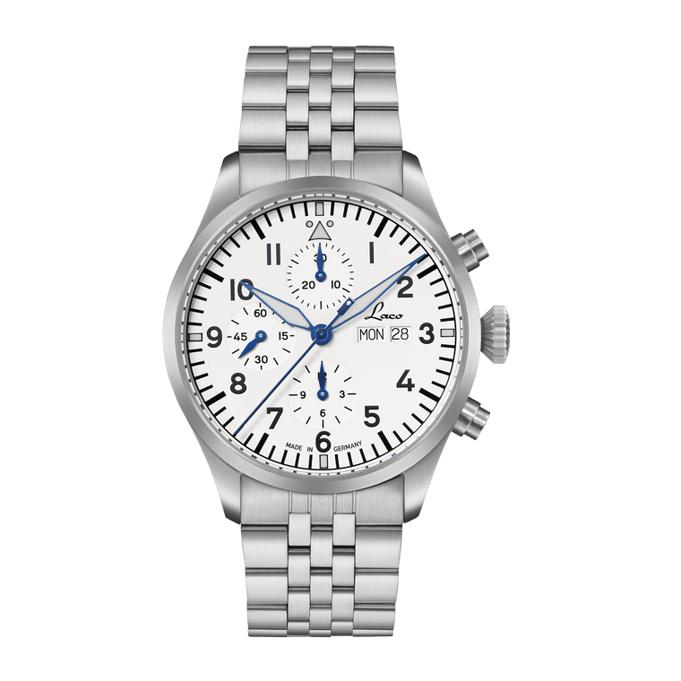 Laco Kiel.2 MB Weiss automatic pilot chronograph with white matte dial and steel bracelet