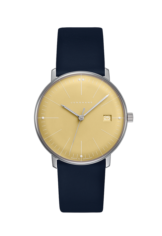 Junghans Max Bill Damen 47/4553.02 yellow dial watch with navy blue leather strap
