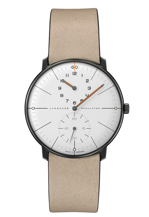 Junghans Max Bill Regulator Edition 60 27/3190.02 white dial automatic regulator watch with anthracite PVD case front view.