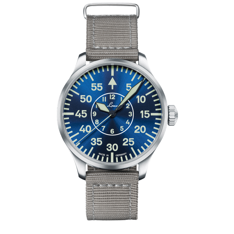 Laco Aachen Blaue Stunde 42 Ref. 862101.2 front view with blue Type-B dial and grey nylon strap