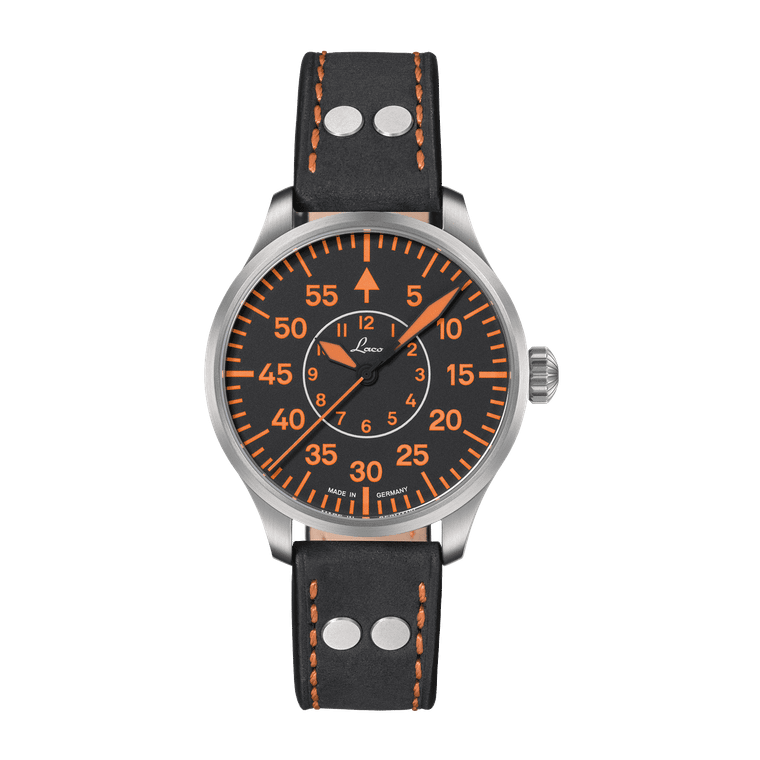 Laco Palermo 39 automatic pilot watch with black Type B dial and orange lume Ref. 862130 front view