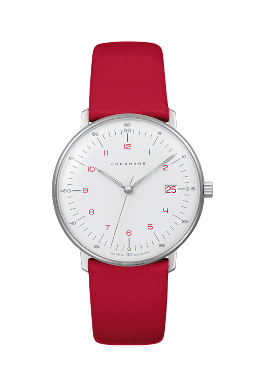 Junghans Max Bill Ladies Quartz 047/4541.02 white dial with red numerals and red leather strap 32.7 mm