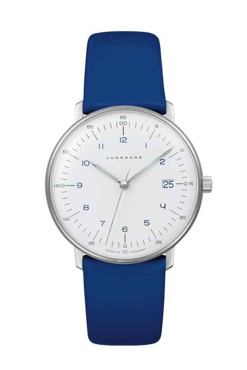 New  Junghans Watch Max Bill Ladies 047/4540.00 white dial blue numerals and blue leather strap, modern clean timepiece - Available for sale online www.Legendoftime.com and in store Legend of Time - Chicago Watch Center
