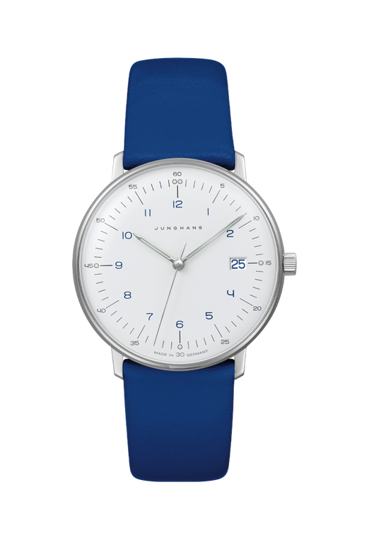Junghans Max Bill Damen 47/4540.02 white dial watch with blue numerals and blue leather strap front view