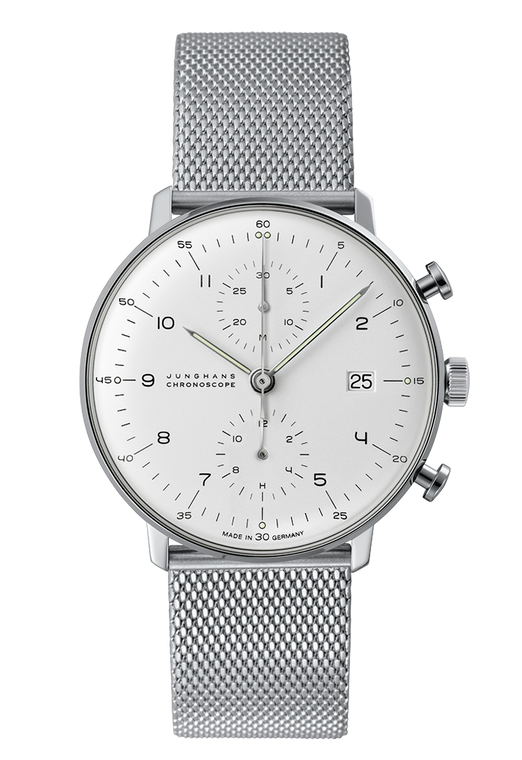 For sale Junghans Watch Max Bill Chronoscope Matte Silver Dial Date Numerals 027/4003.48 , available online and in our Chicago store - Legend of Time 