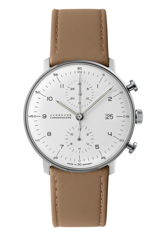 For sale Junghans Watch Max Bill Chronoscope Matte-Silver Dial Date Numerals 027/4502.04, Made and Designed in Germany. 2 Year Warranty. Authorized Junghans watch dealer.