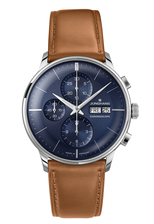 JUNGHANS Meister Chronoscope English Date, Blue Dial, Brown Leather Strap Ref 27/4526.03