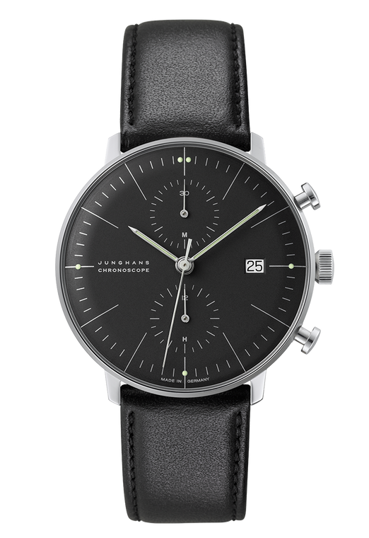 Junghans Max Bill Chronoscope 27/4601.02 | 40mm Black Dial front view