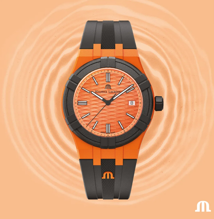 Great looking Maurice Lacroix AIKON #tide watch 40mm Orange Black Swiss Made - Orange Dial and Case, Black rubber strap.