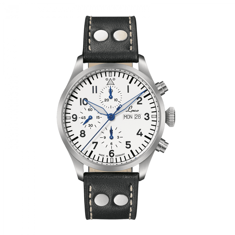 Laco Watch Chronograph KIEL.2 WEISS Automatic 43mm white dial brown strap