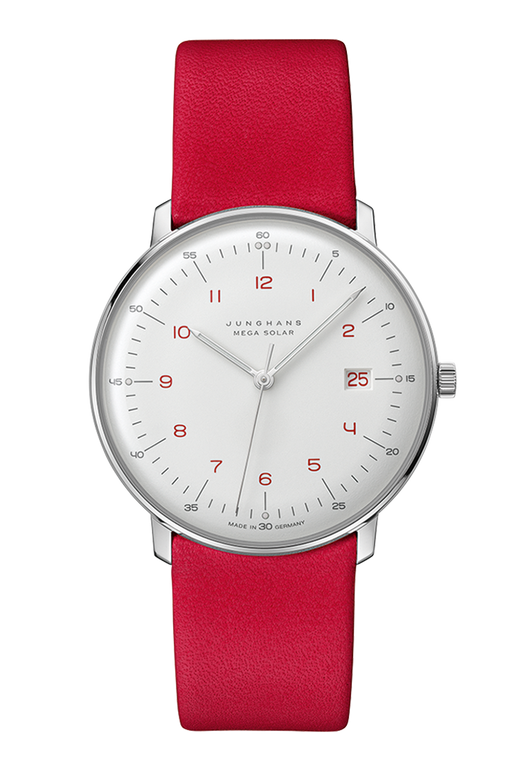 Junghans Max Bill Mega Solar – Red Strap & Red Numerals | Ref. 059/4325.02 front view