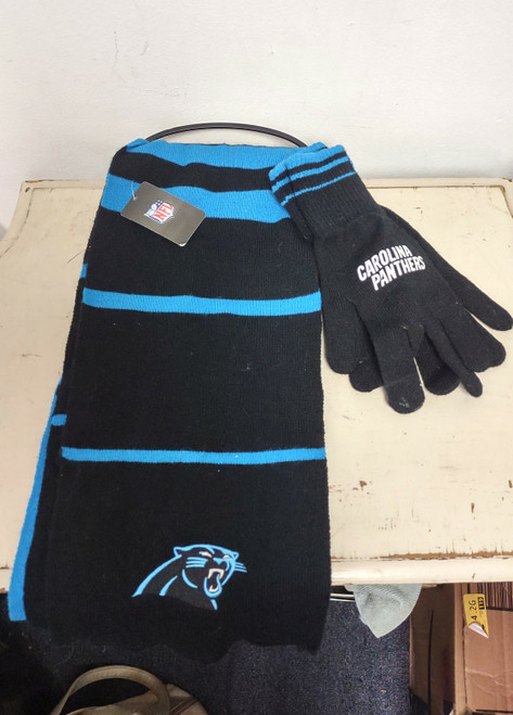 NFL Carolina Panthers Knit Scarf & Gloves Gift Set Striped Unisex NWT Winter