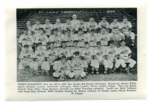 Vtg Page From Unknown Book with 1944 ST LOUIS CARDINALS WORLD CHAMPIONS Photo