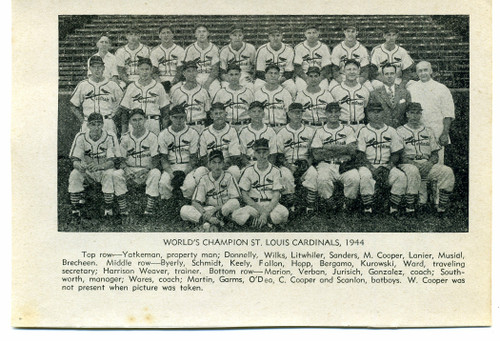 Vtg Page From Unknown Book with Photo 1944 ST LOUIS CARDINALS WORLD CHAMPIONS