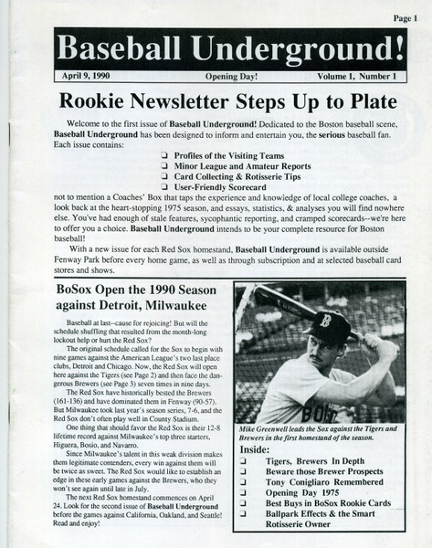 Baseball Underground! Volume 1 Issue 1 April 9 1990 Newsletter