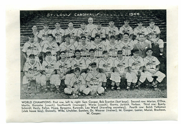 Vtg Page From Unknown Book with 1944 ST LOUIS CARDINALS WORLD CHAMPIONS Photo