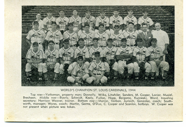 Vtg Page From Unknown Book with Photo 1944 ST LOUIS CARDINALS WORLD CHAMPIONS