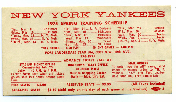 Vintage 1975 New York Yankees Spring Training Schedule Fort Lauderdale