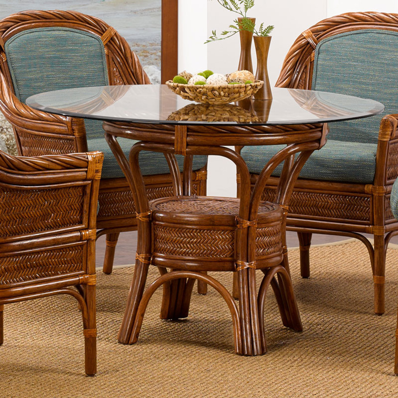 glass and wicker dining table