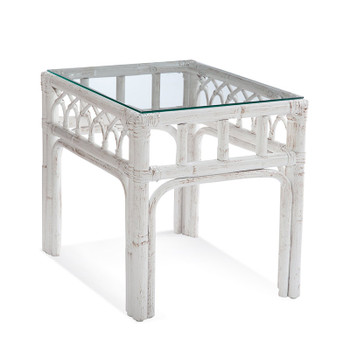 Edgewater End Table with Glass Top in Antique Frost White Finish