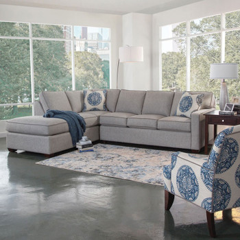Bedford RSF Two-Piece Bumper Sectional Set in fabric '0862-83 B' with contrast welt '0313-83 B' and pillow fabric '0655-61 H' with contrast welt '0313-83 B' and Java finish Bedford RSF Two-Piece Bumper Sectional Set in fabric '0862-83 B' with contrast welt '0313-83 B' and pillow fabric '0655-61 H' with contrast welt '0313-83 B' and Java finish