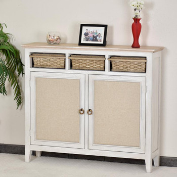 Captiva Island casual distressed entry cabinet with baskets and fabric staged