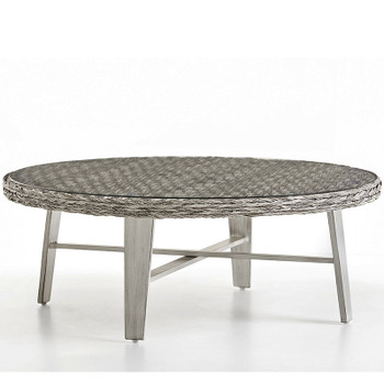 Grand Isle Outdoor Round Coffee Table with Glass Top in Soft Granite finish