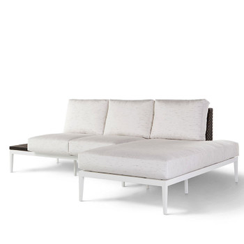 Stevie Outdoor Mini-Sectional: right-side-facing Chaise with Wraparound Cushions and left-side-facing Loveseat with Side Table