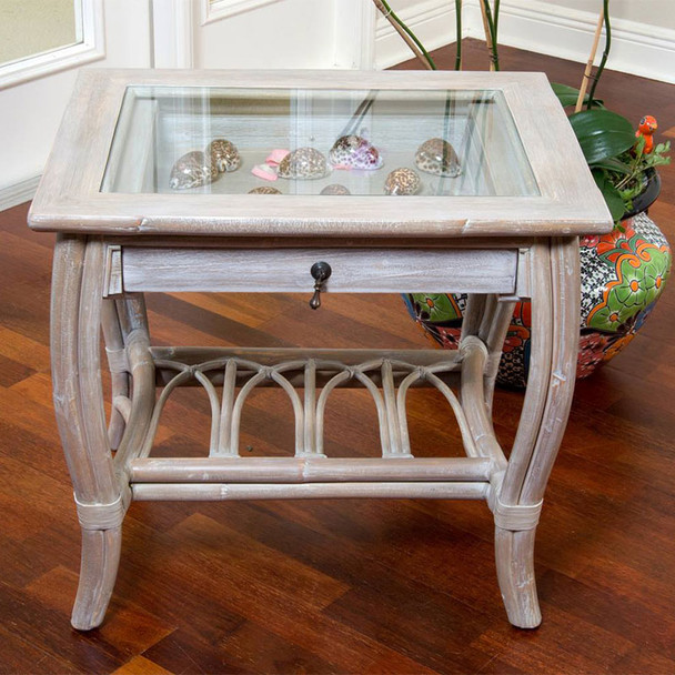 Cuba End Table with Glass in Rustic Driftwood finish