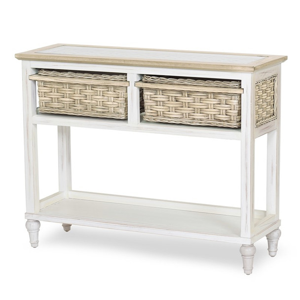 Island Breeze 2-Basket Console Table in Weathered Wood/White finish
