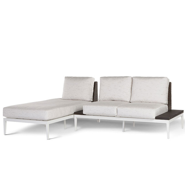 Stevie Outdoor Mini-Sectional: left-side-facing Chaise with Wraparound Cushions and Loveseat with Side Tables