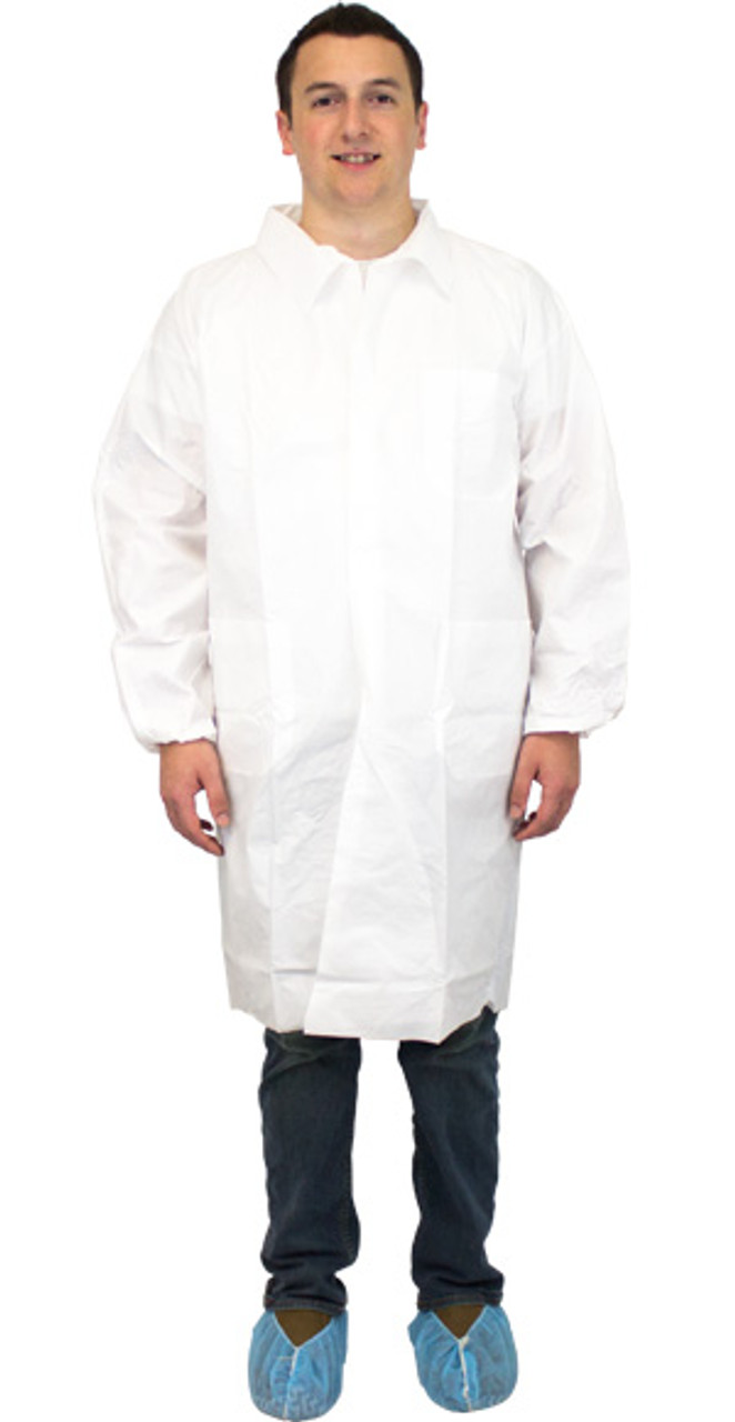 Lab Coat, Breathable Micro Film Material, White w/ snaps and 3 pockets,  Individually Packaged - 30/cs, Large - Unisan Direct