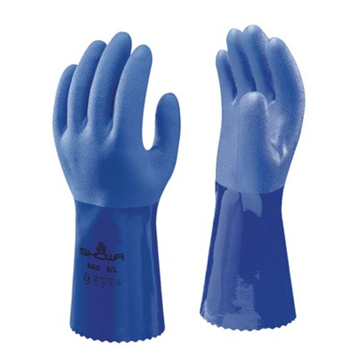 Showa Atlas 12" Blue Triple Dipped PVC Work Gloves, Kevlar Lined, ANSI Cut 3, Gauntlet Cuff, Large, Dozen