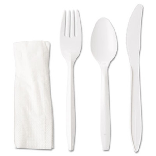 Wrapped Polypropylene Cutlery Kit, Fork/Knife/Spoon/Napkin, White, 250/Carton