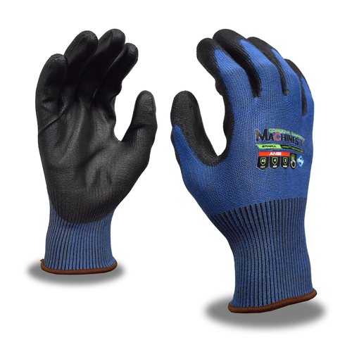 Machinist Gloves, Blue, 15-Gauge HPPG Shell, Polyurethane Palm Coating, Touchscreen, Sanitized Treatment, ANSI Cut Level A5, Large, per Pair