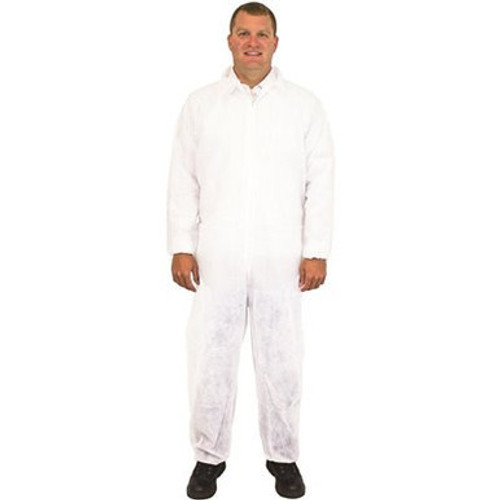 White Disposable Polypropylene Coverall, No Hood or Elastic, 25/CS, Medium